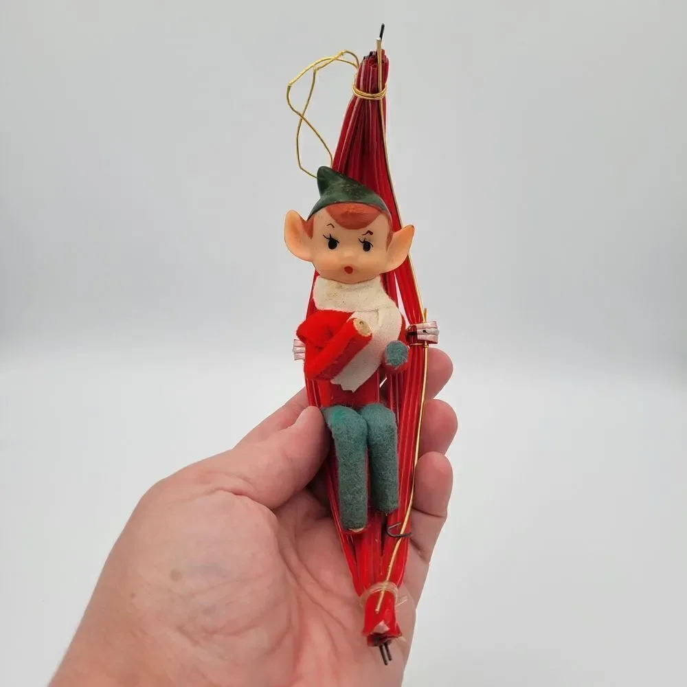 Vintage Rare Felted Pixie Elf  on a Red Hammock Swing Christmas Ornament